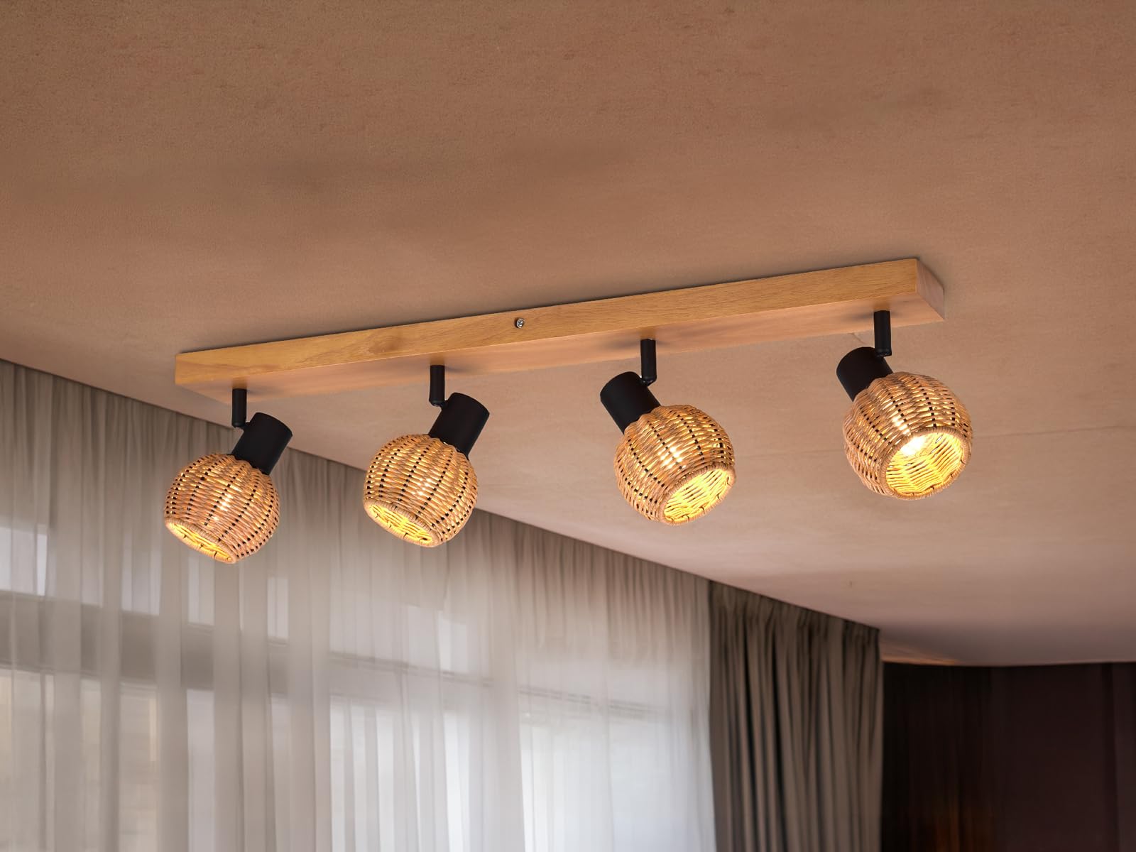 meineWunschleuchte Decken-Strahler Holz & Rattan, Spots schwenkbar