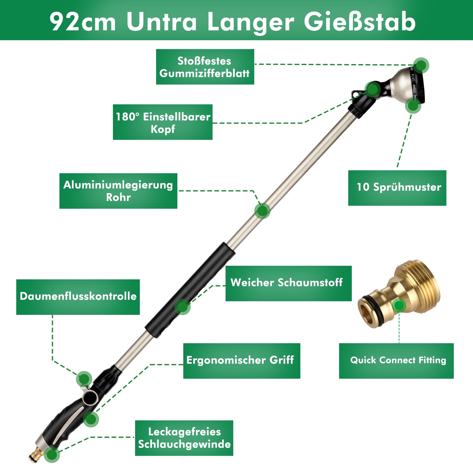 RESTMO 92 cm Untra Langer Gießstab, Gartenbrause Metall mit 180° schwenkbaren Kopf | 10 Sprühmustern | Daumenflusskontrolle | Bewässerung Zauberstab zum für Blumenampeln und Sträucher