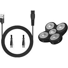 Blades Refills and Charger Cable for Head Shaver, 5 Blades Shaver Replacement Heads for Bald Men Freedom Shaving, Head and Face Electric Razor Shaver Heads, with 2 Cleaning Brush