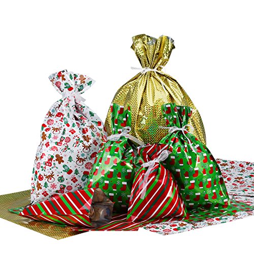 Unomor 40pack Christmas Wrapping Gift Bags Large Christmas String Bags With Ribbon Xmas Bags For Presents Foil Gift Sacks Treat Bags For Birthday Holiday Party