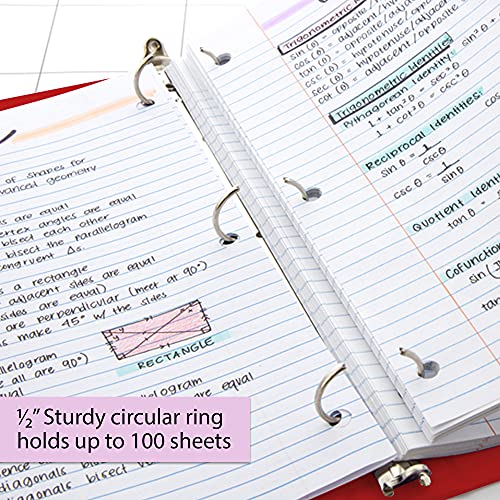 Image of BAZIC Products 1 /2 inch Red 3-Ring View Binder, Round Ring, 2 Pockets | round rings, 1 /2 in Red view 3-ring binder, 2 inside pockets, holds up to 100 sheets, Durable poly cover