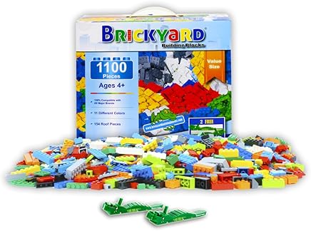 Brickyard Building Blocks Building Bricks - 1100 Pieces Toys Bulk Block Set with 154 Roof Pieces, 2 Free Brick Separators, and Reusable Storage Box, Compatible with All Major Brands