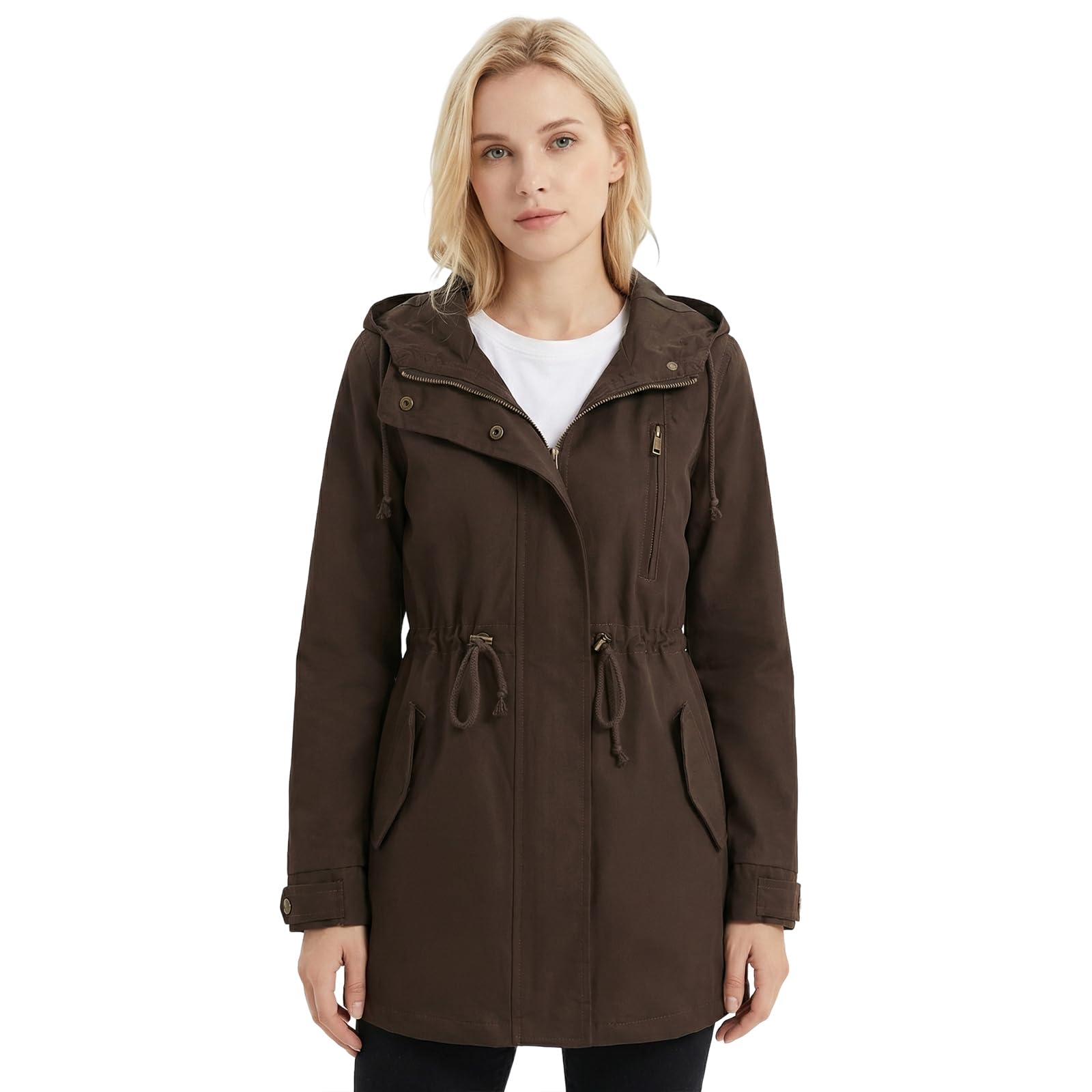 Women's Ligtweight Jackets Anorak Utility Drawstring Waist Hoodie Zip Up Fall Casual Coat with Pockets