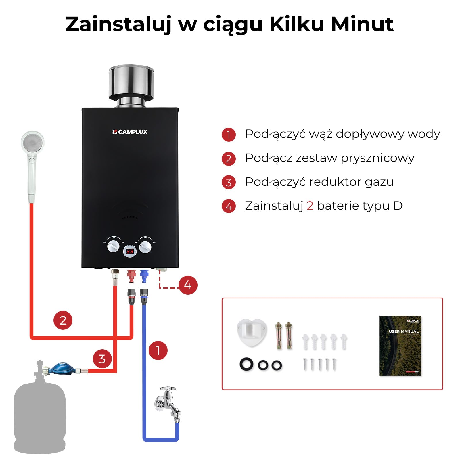 Camplux BW264BC-DE gazowy podgrzewacz przepływowy wody, 10 l, 50 mbar, z korkiem przeciwdeszczowym ze stali nierdzewnej, propan/butan, do prysznica kempingowego, wycieczek kampera, konia myjącego