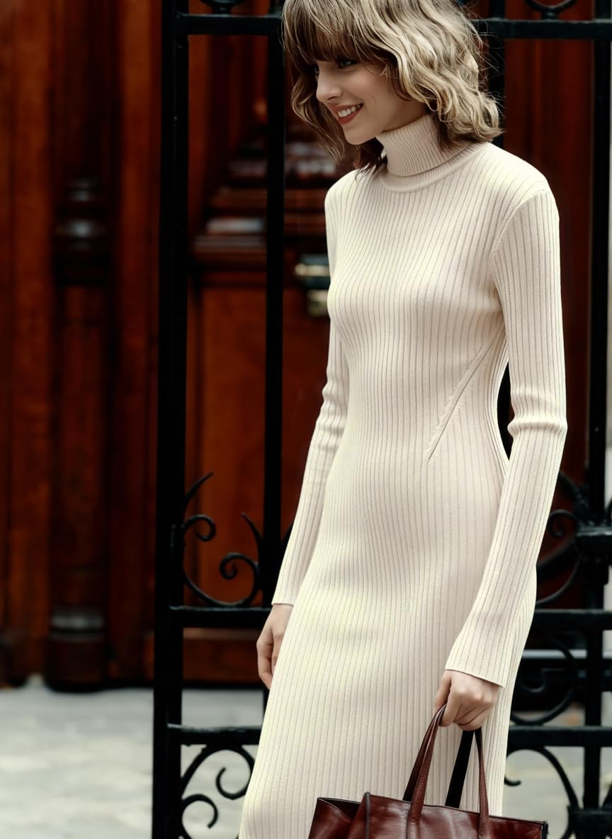 v28 Women Stretchable Knitted Long Sleeve Slim Fitted Ribbed Soft Sweater Dress - Image 3