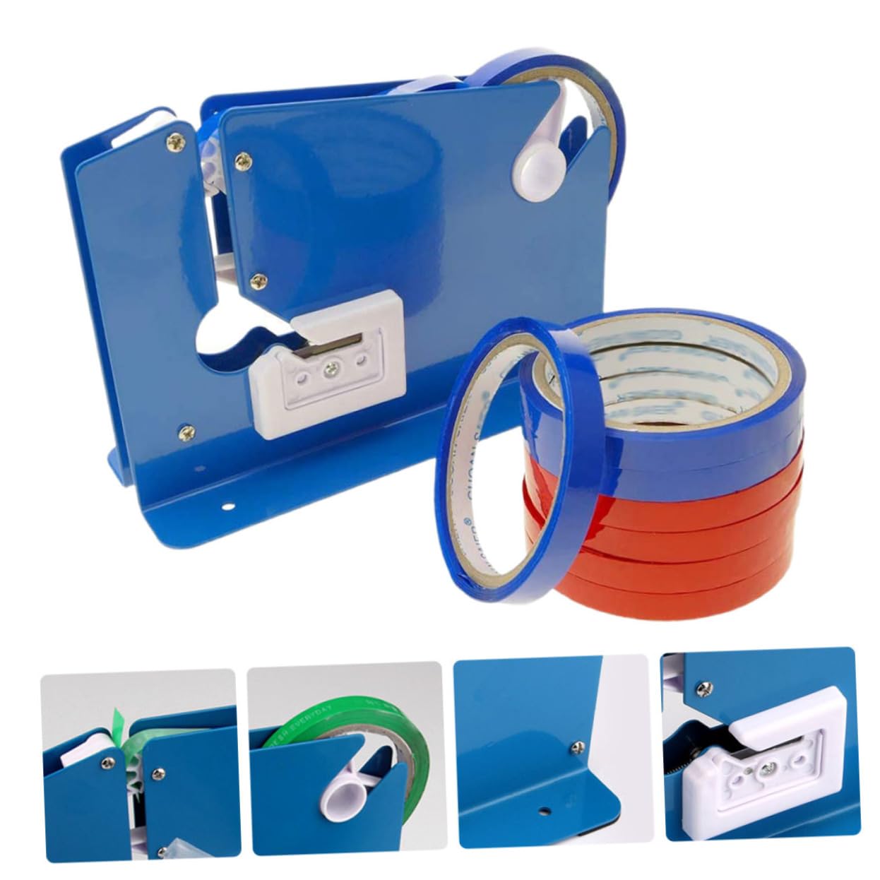 9 Klebeband Abroller Teilig mit Kunststoff Tape Cutter und Integrierter Schneidefunktion Praktische Verpackungsmaschine für Lebensmittelbeutel und Polybeutel Verschluss Blau