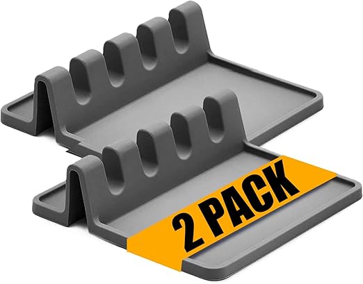 Kitchen Silicone Utensil Rest - BPA-Free Heat-Resistant Spoon Rest for Stove Top - Spoon Rest for Kitchen Counter Grill Utensil Holder-Grey 2 Pcs