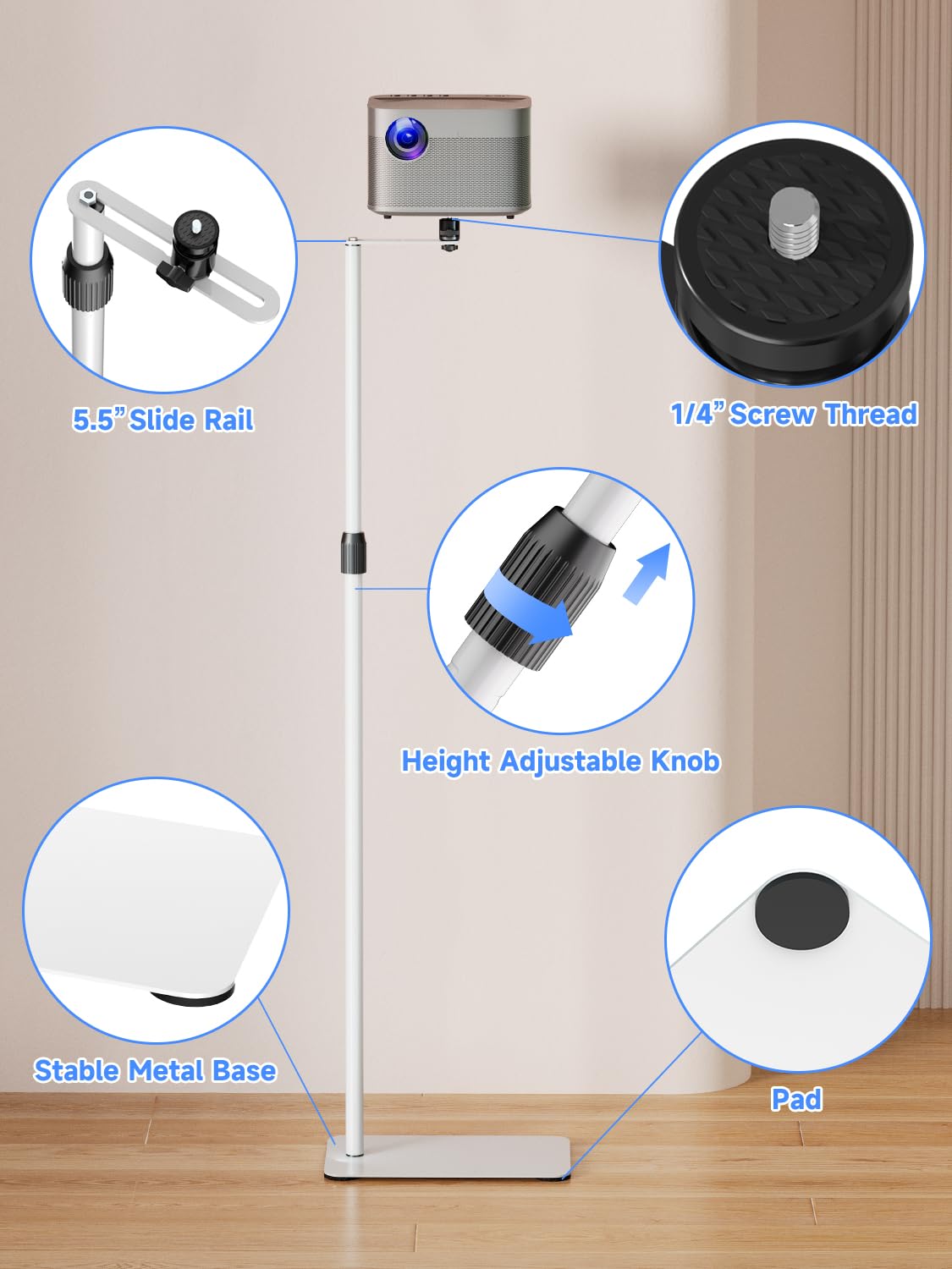 suptek Stojak do projektora obracany o 360°, sofa pod ścianę, ukryty projektor, stojak podłogowy, regulacja wysokości, uchwyt podłogowy mini projektora, kompatybilny z HomeOffice Video DVR, biały