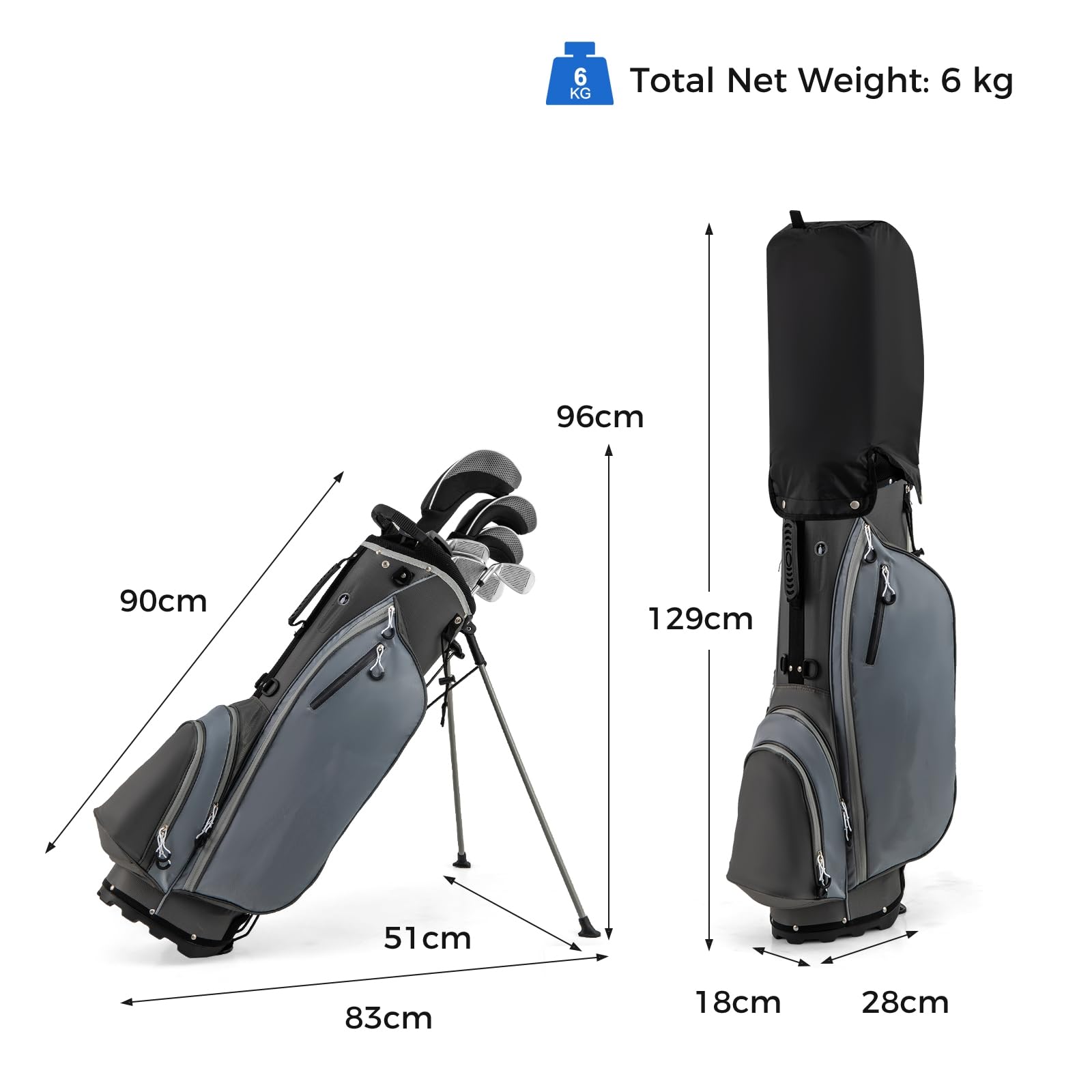 LIFEZEAL Komplettes Golfset für Herren, Golfset tragbar rechts, Stativtasche mit 7 Fächern, Putter, 3 Holz: Driver #1, Fairway #3, Hybrid #4, 5 Nadeln: #6, #7, #8, #9, Pitching Wedge