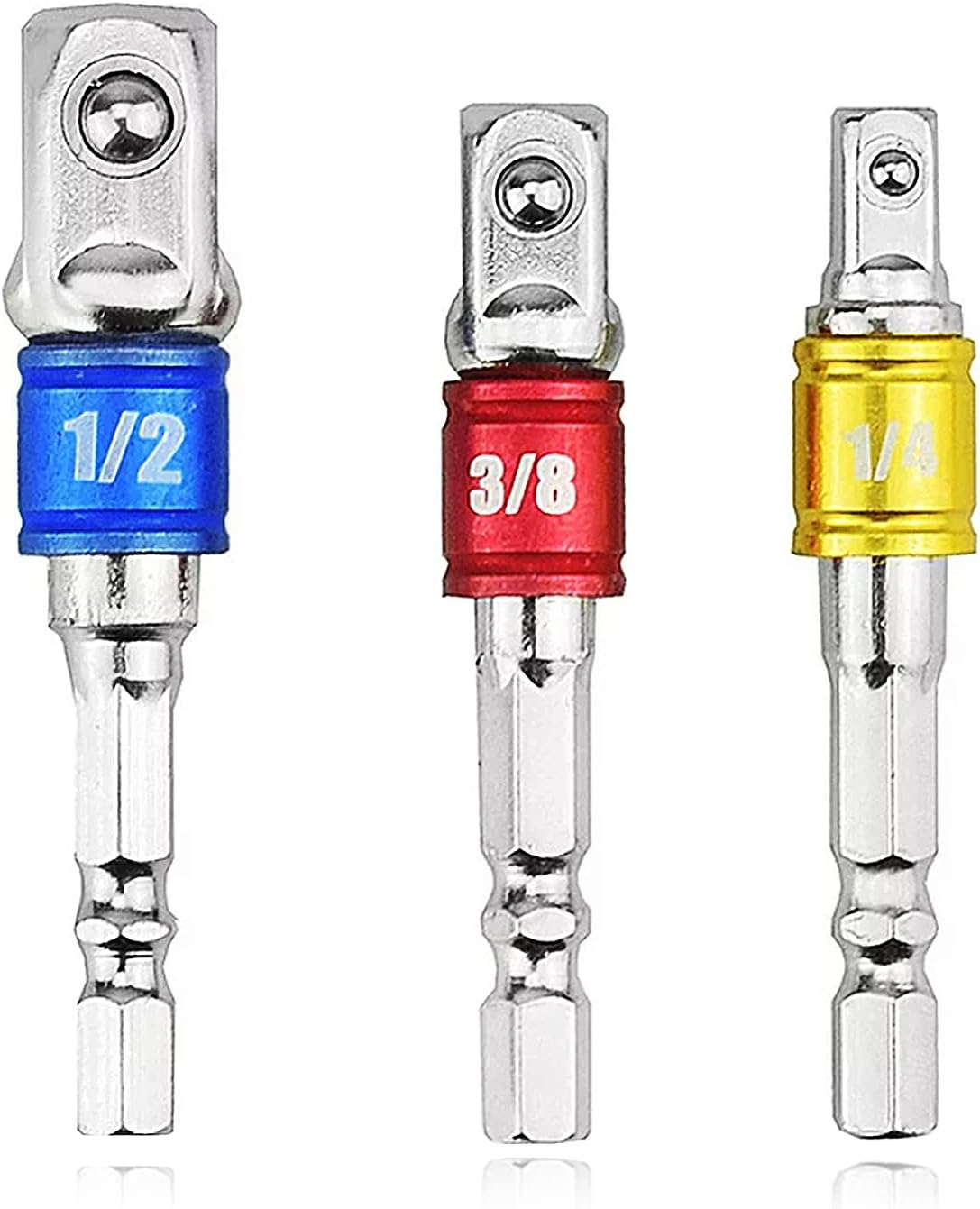 Impact Grade Socket Adapter Set, Impact Driver Bit Set Socket Adapter Drill Bit Extension Set, 3 PCS 1/4" 3/8" 1/2" Hex Shank Drill Tool Accessories-Silver