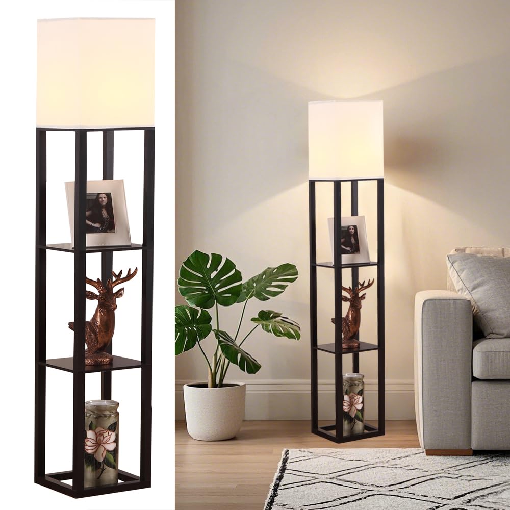 HomeFocus - Floor Lamp with Shelves,Shelf Floor Lamp with LED Bulb,Bookshelf Corner Display Lamp for Living Room,Bedroom and Office,White Linen Shade,Rustic Wood,Black