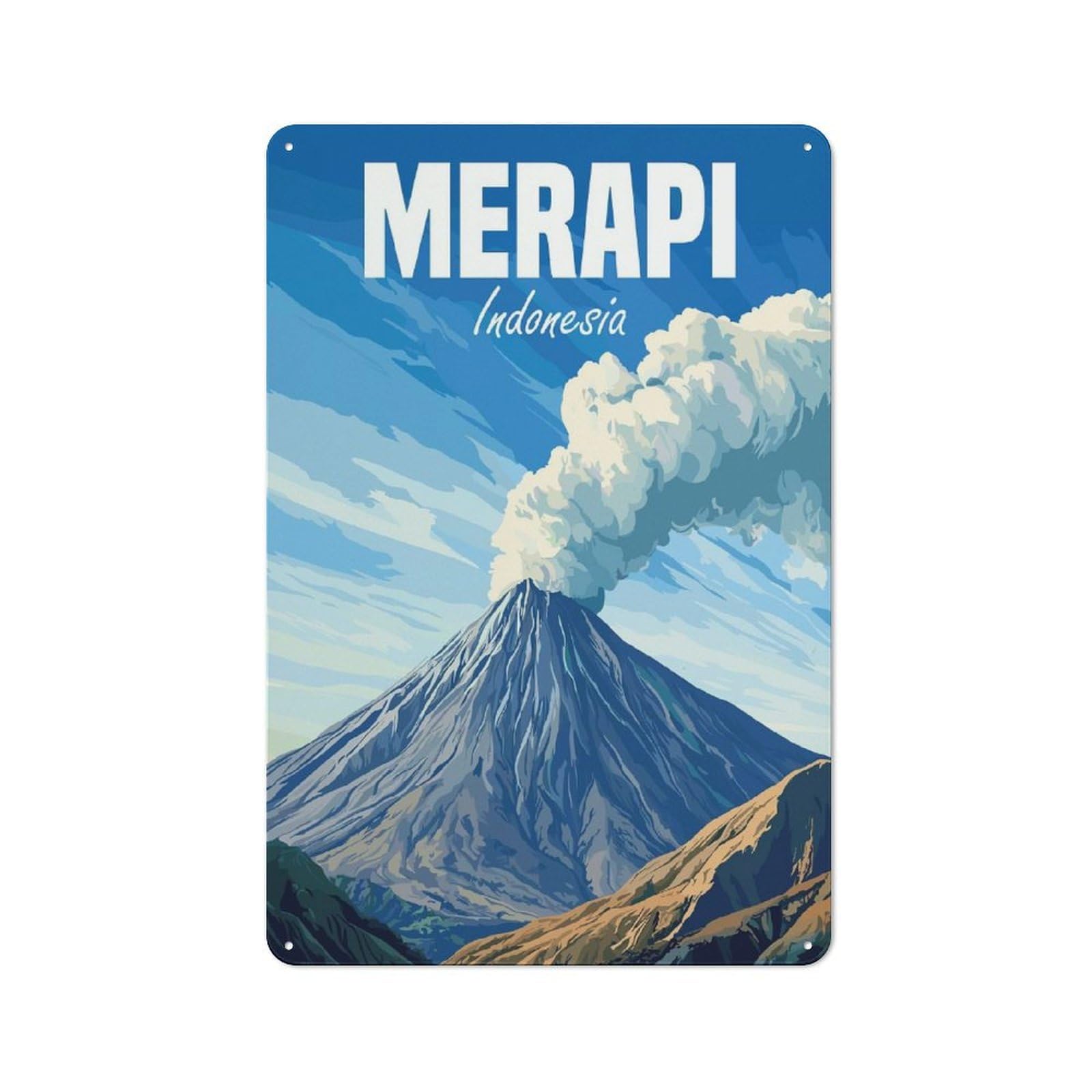 Junmoney Style-17 Merapi Volcano Indonesia Decorative Metal Plaque 30X20cm, Loft Style Urban Room Decor For Flat, Bar, Studio Or Gallery Wall