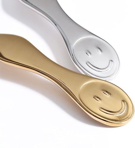 Miniatura 2 de Cuchara de acero inoxidable con cara sonriente de alta calidad, perfecta para sopa, café y té (1 dorado y 1 plata, dos cucharas sonrientes)