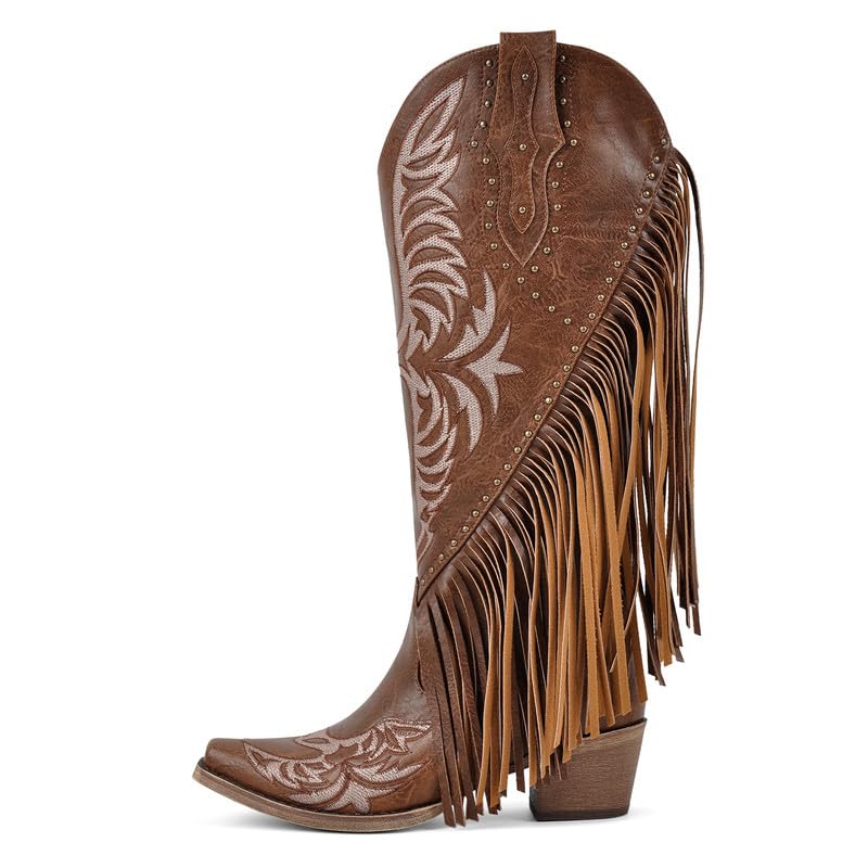 Cowboy Boots for Women Wide Calf Knee High Leather Fringe Cowgirl Boots Comfortable 2Inch Chunky Heel Side Zipper