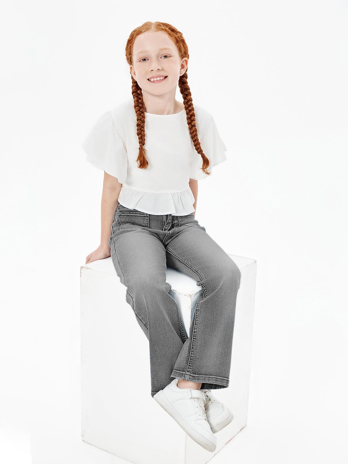 Haloumoning Jeans de cintura alta para niñas, pierna recta, elásticos, pantalones casuales con bolsillos