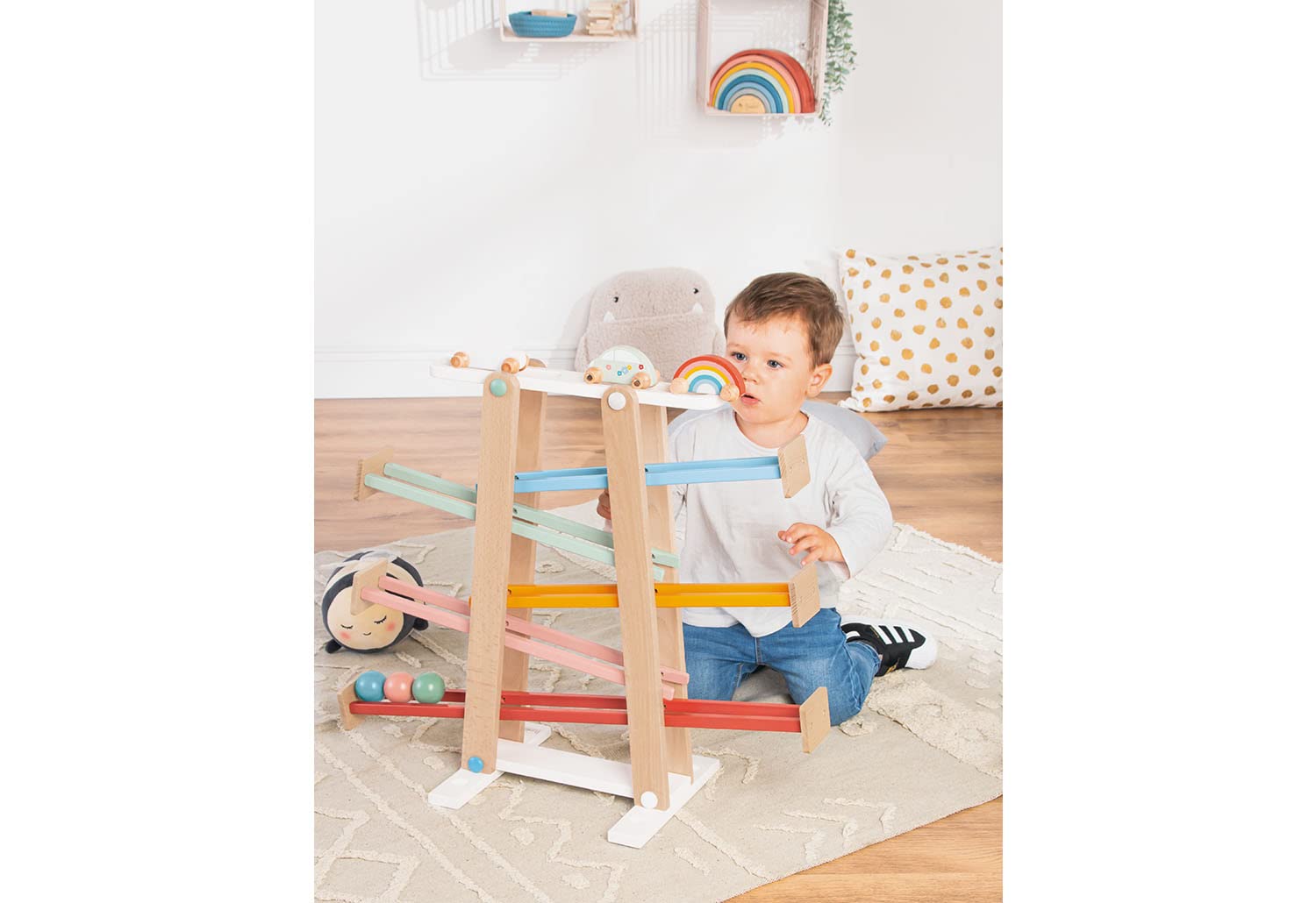 PINOLINO Regenbogen Kugelbahn Kuno, 8-teilig, aus Holz, L 68, B 25, H 56 cm, für Kinder von 3 – 6 Jahren