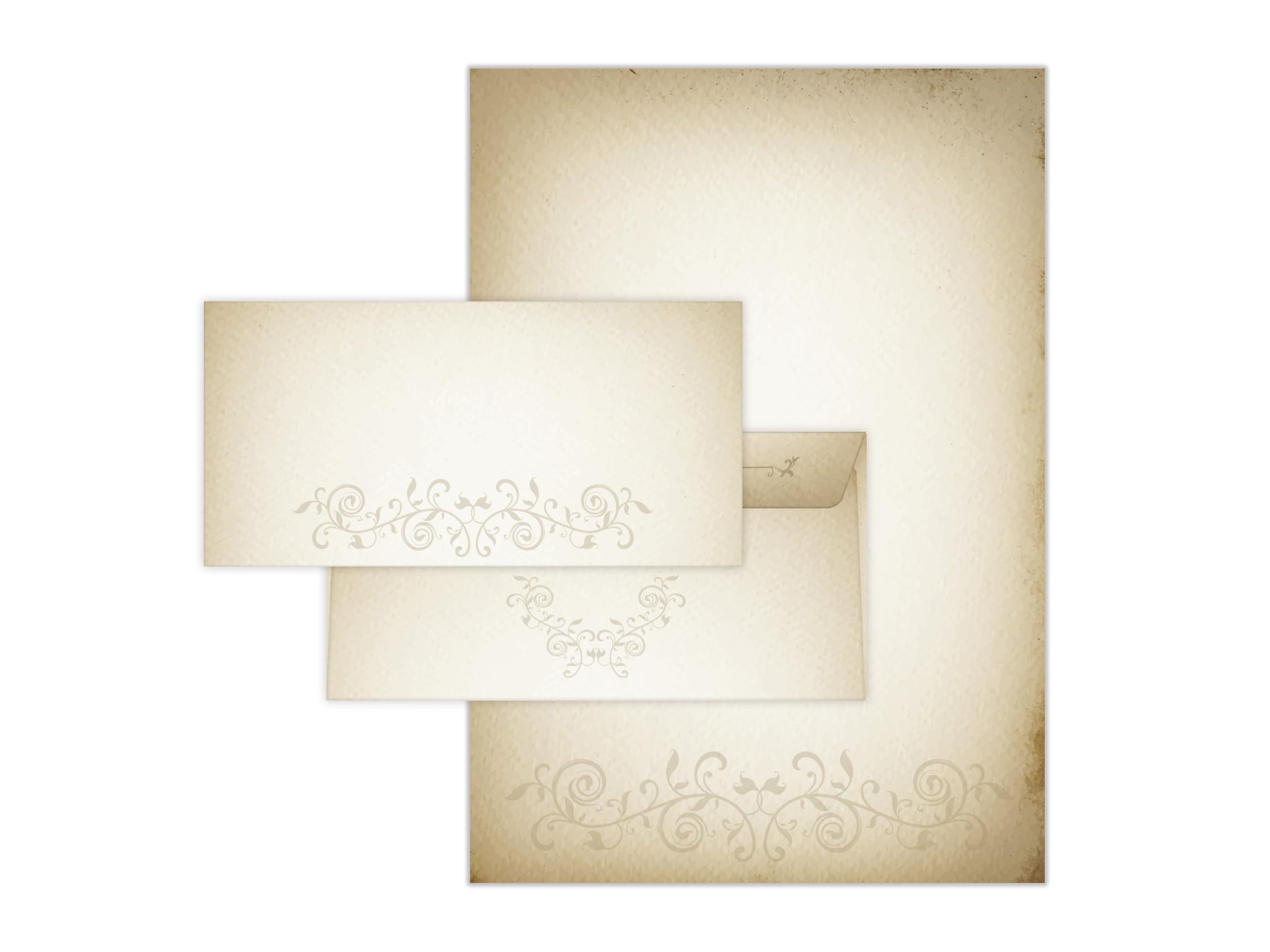 Briefpapier-Set 250 Druckerpapier DIN A4 + 250 Kuverts DIN-lang haftklebend Altes Papier vintage retro Mittelalter antiker Ornament beidseitig bedruckbar für Geburtstag Jubiläum Hochzeit Menükarte