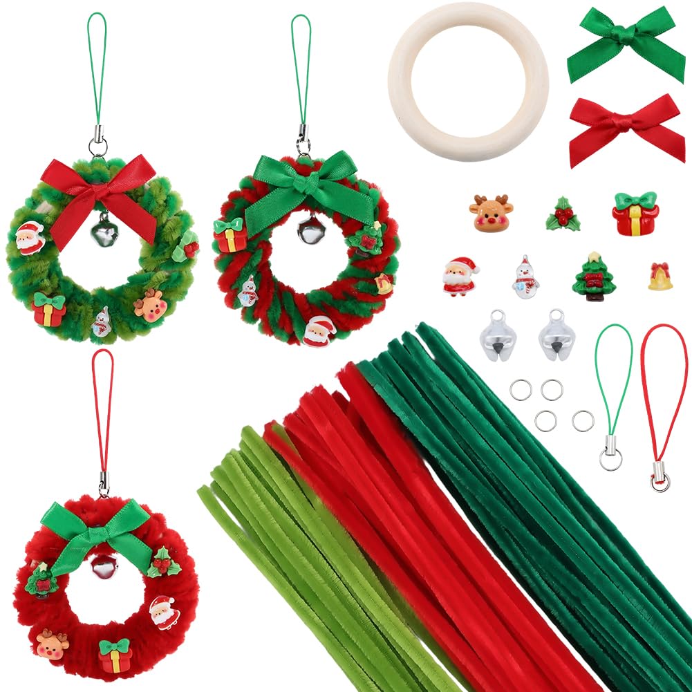 SUNNYCLUE 154-teiliges Weihnachtspfeifenreiniger-Bastelset mit Video-Tutorial in Rot und Grün, Chenille-Stiele, Glocke, Weihnachtsmann, Weihnachtsbaum, Cabochons, Mini-Kranz, Ornamente für