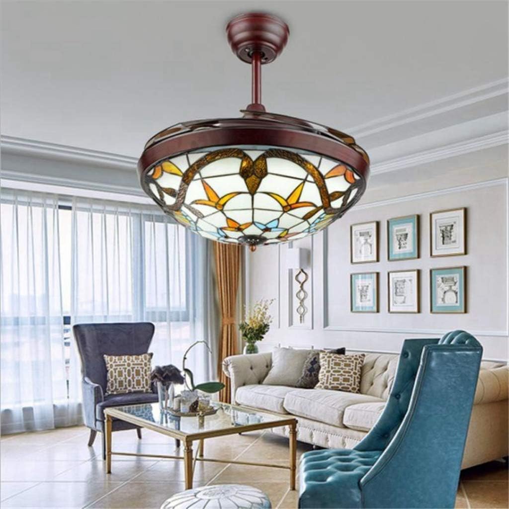 Fandian 42” Vintage Style Ceiling Fan with Light, Remote Control Classic LED Chandelier Retractable Blades 3 Light Changes Fandelier Lighting Fixture with Craft-Made Colorful Glass Lamp