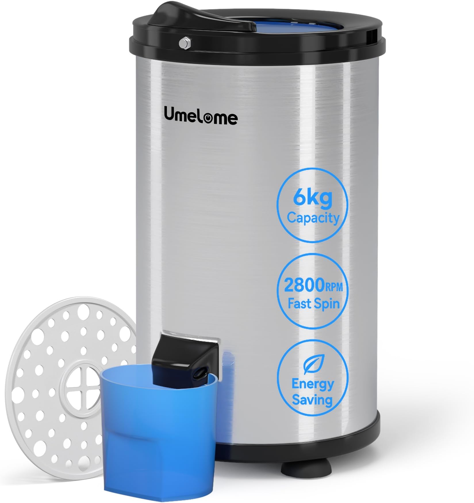 Spin Dryer 6kg by Umelome, Energy&Power Saving Spinner 2800 RPM Clothes Dryer, Energy Efficiency Class: A+++, Gravity Drain dryer, Silvery [Energy Class A+++]