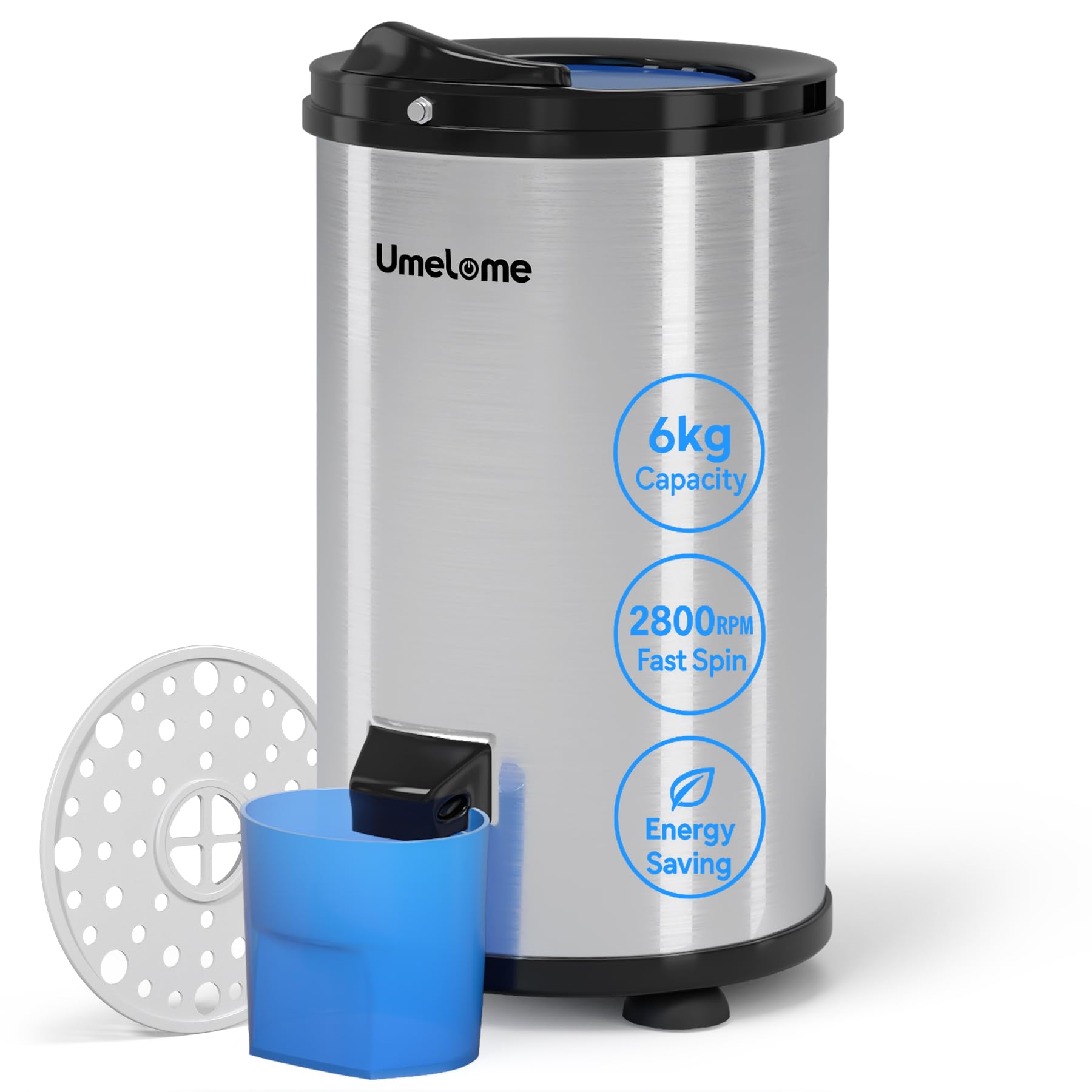 Spin Dryer 6kg by Umelome, Energy&Power Saving Spinner 2800 RPM Clothes Dryer, Energy Efficiency Class: A+++, Gravity Drain dryer, Silvery [Energy Class A+++] [Energy Class A+++]