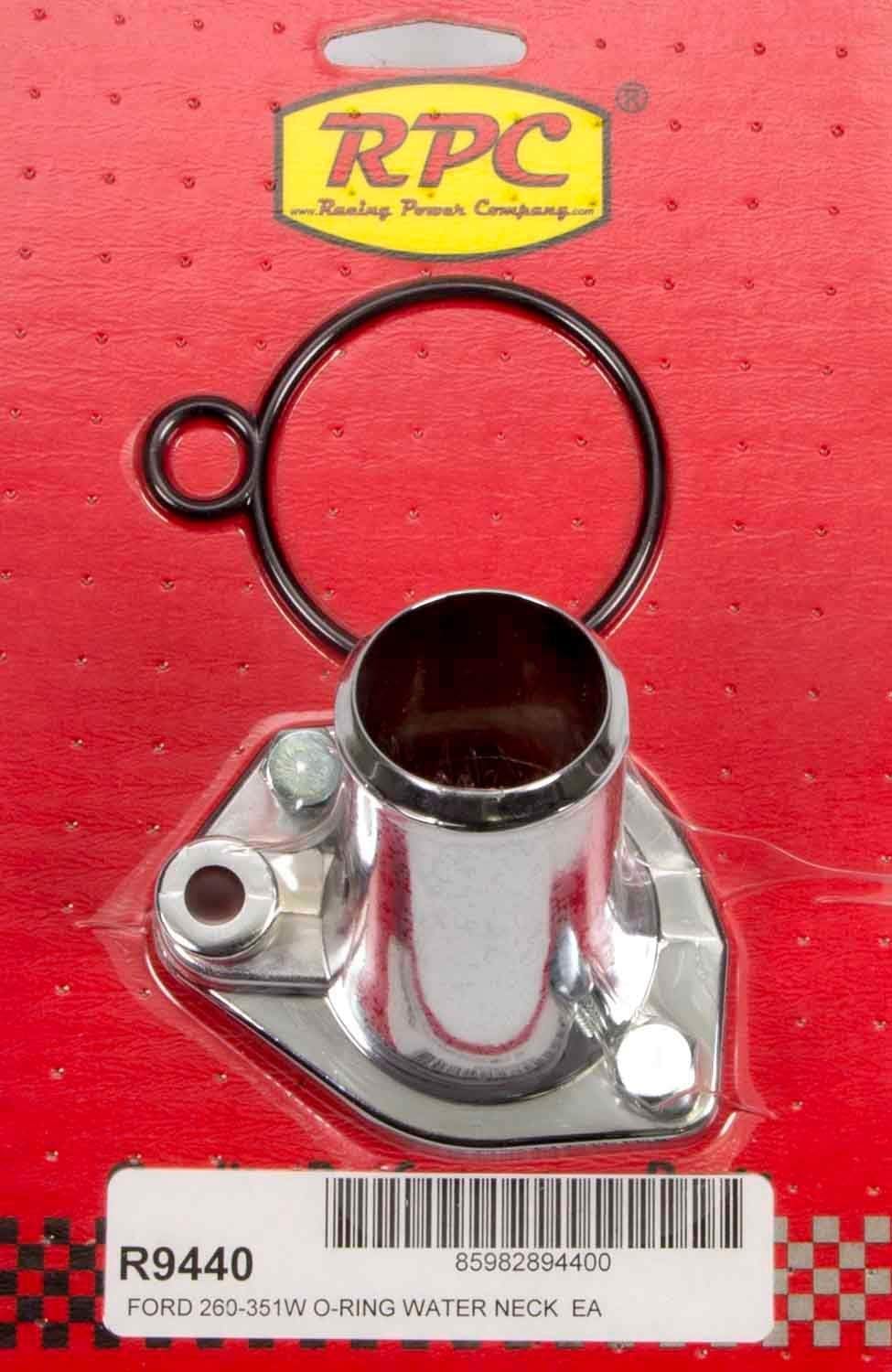 Racing Power Company Water Neck, 15 Degree, 1-1/2 in ID Hose, O-Ring, Hardware Included, Steel, Chrome, Small Block Ford, Each