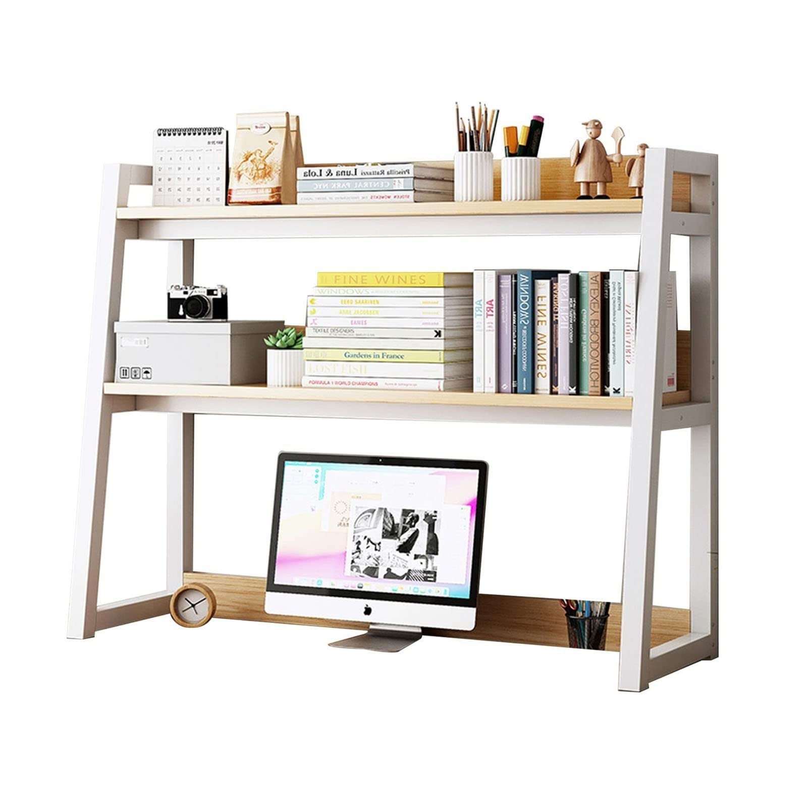 Étagère de bureau blanche à 2 niveaux avec échelle de rangement et présentoir (115 x 32 x 90 cm)