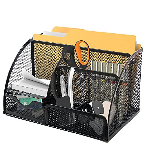 Mesh Desk Organizer 6 Slots With 2 Pen Holders And Pull Out Drawer, Mini Shelf To Keep Your Sticky Notes Or Small Pad, Perfect Size Caddy For All Your Supplies. By Mega Stationers #TOP8