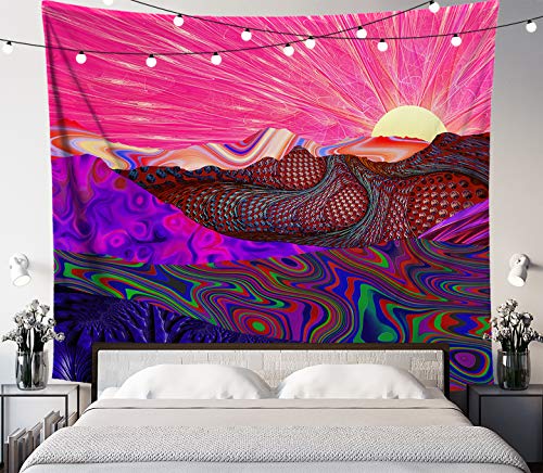 LUCID EYE Trippy Trek Tapestry, Psychedelic Mountain Sunrise, Girls Room Pink Wall Art Decor, Wall Hanging for Bedroom Living Room Dorm, 84x72 inches