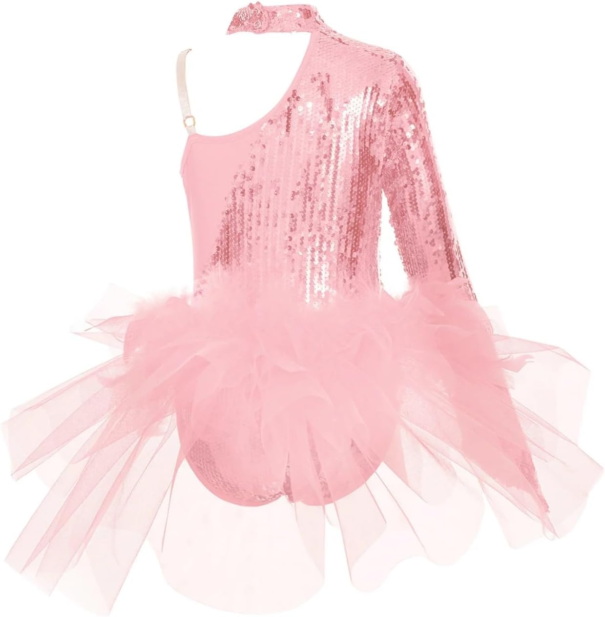 Ice Skating Dress Kids Girls Ballet Dance Leotard Figure Skating Gymnastics Asymmetrical Shoulder Costume Sequins Bodysuit