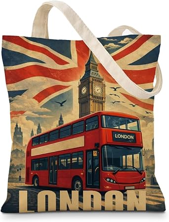 World Travel Canvas Tote Bag, Reusable Landmark Buildings Graphic Bag, Carryall for Vacation Beach Commute