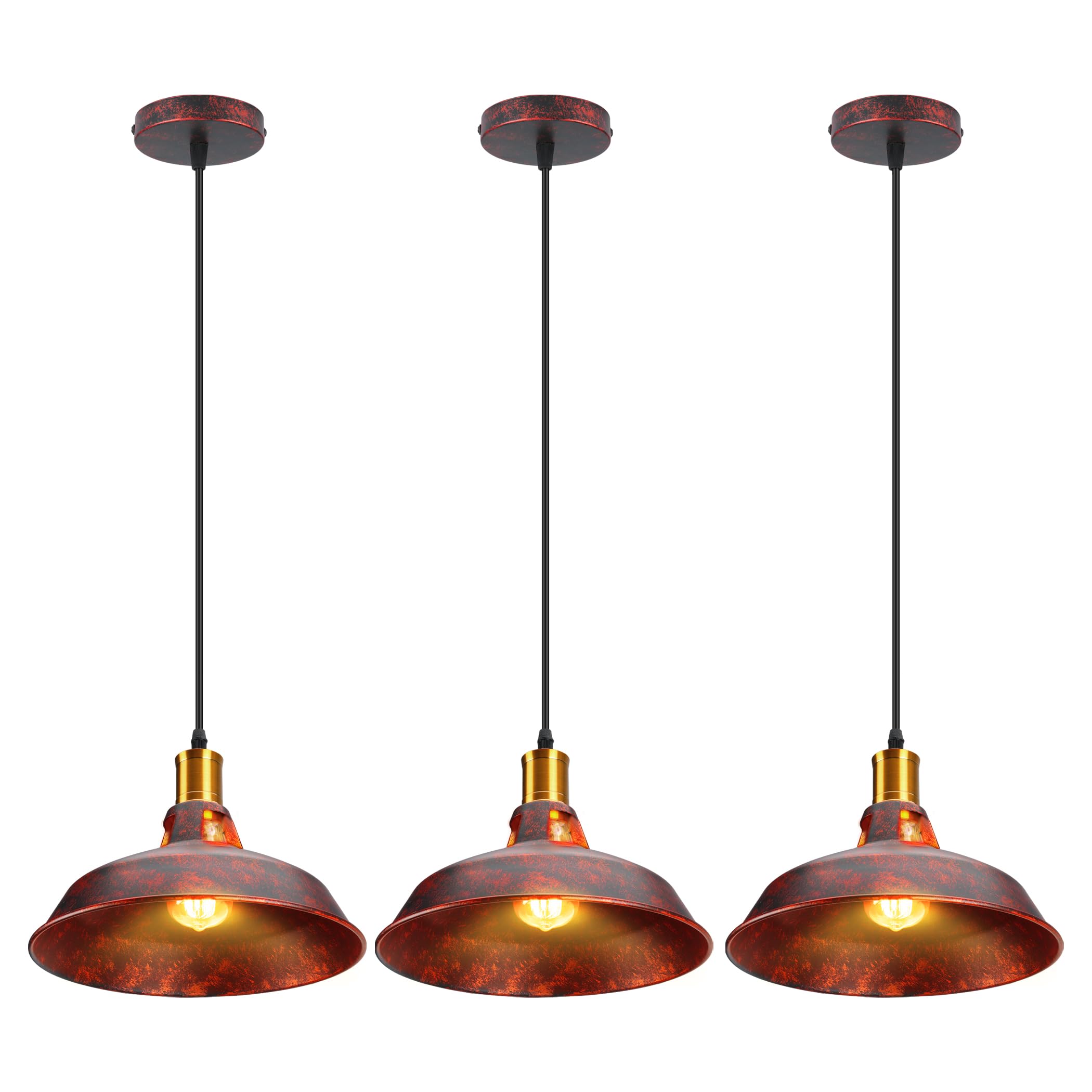 iDEGU Pack of 3 Industrial Retro Metal Pendant Light 27 cm Vintage E27 Ceiling Lighting for Dining Room, Living Room, Kitchen, Restaurant, Cafe, Bar (Rusty Red)