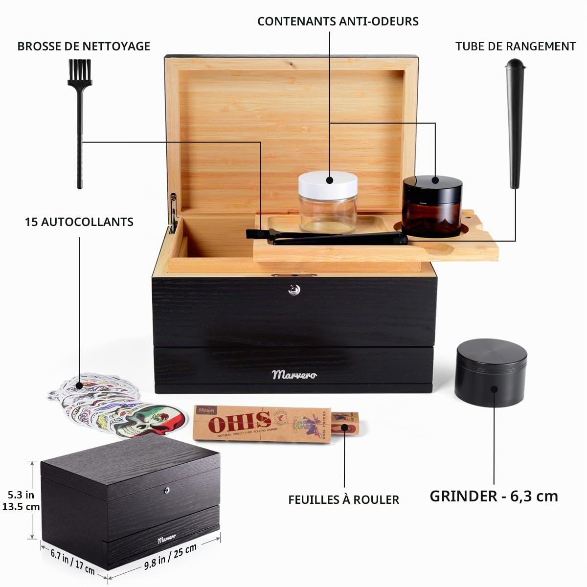 Grande boîte en bambou de avec plateau à rouler – boîte de rangement avec serrure – Plateau amovible avec d'autres outils (25 * 18 * 14 CM) Noir | Tiroir magnétique, 2 conteneurs anti-odeurs, tube avec brosse, support téléphone, distributeur de papier et