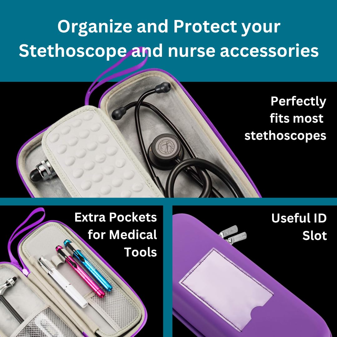Hard Stethoscope Case for 3M Littmann Classic III, Lightweight II S.E, Cardiology IV Diagnostic, MDF Acoustica - ID Slot, Mesh Pocket for Nurse Accessories and Medical Supplies (Purple - Pu Leather) image 4