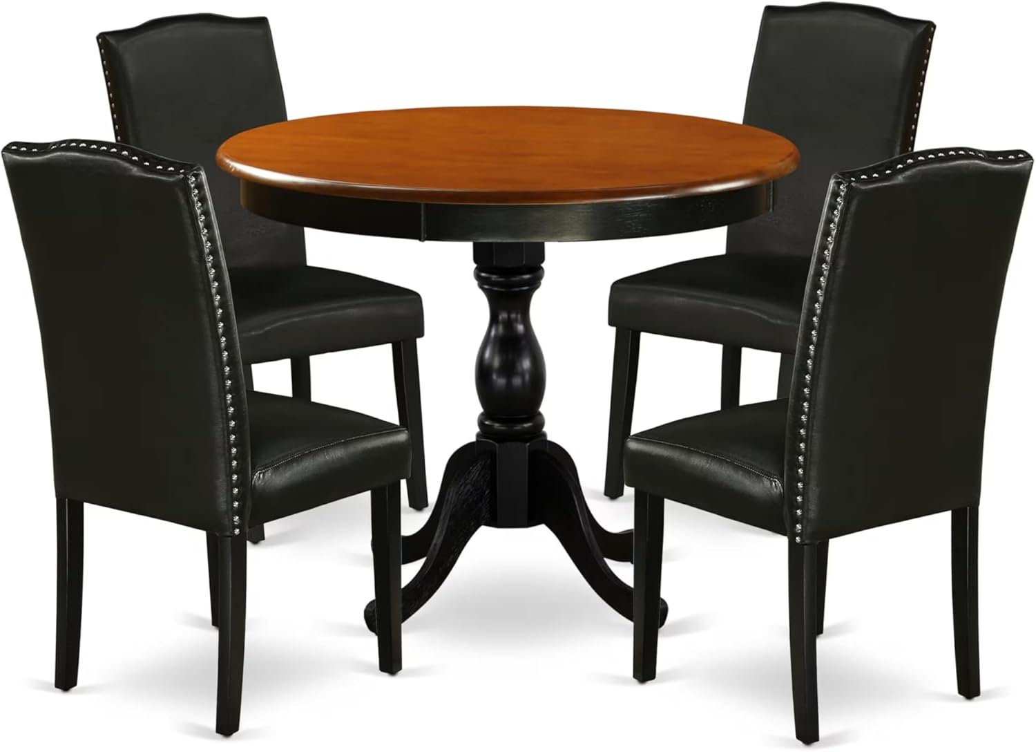 East West Furniture AMEN5-BCH-69 5 Piece Kitchen Table Set for 4 Includes a Round Dining Room Table with Pedestal and 4 Black Faux Leather Parson Dining Chairs, 36x36 Inch, Black & Cherry