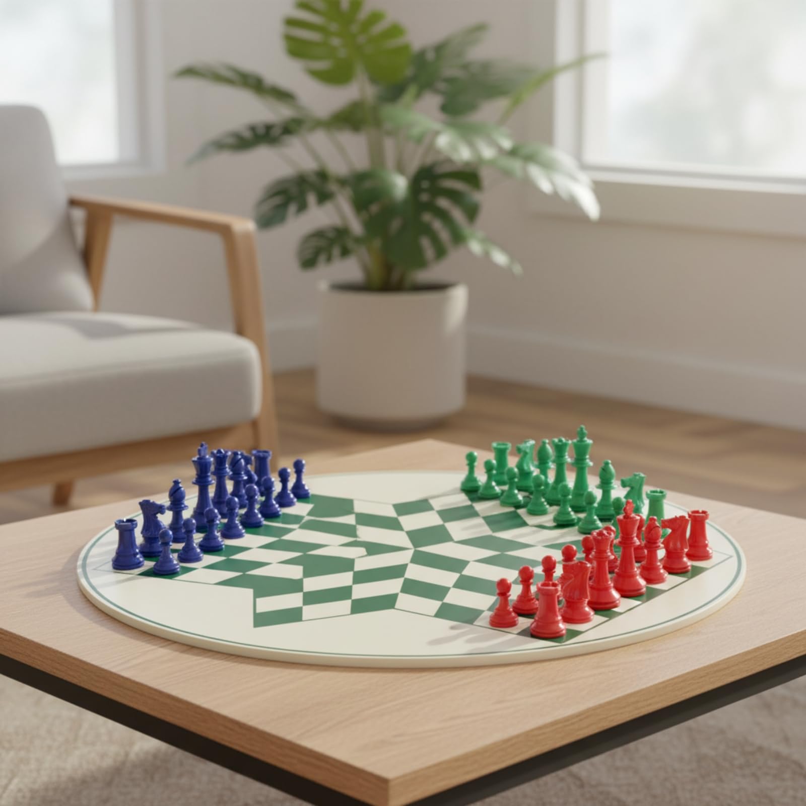 Jeu D'échecs à 3 Joueurs avec Plateau Rond Familial Jeu D'échecs à Trois Joueurs en Plastique Échiquier Coloré pour Écoles, Soirées Jeux