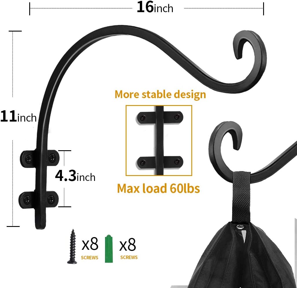 Maosen 16 Inch Plant Hangers Outdoor 2 Pack Black, Heavy Duty Plant Hanging Bracket Hook for Flowers Baskets Planter Pots Bird Feeder Lanterns Wind Chimes Outdoor Indoor