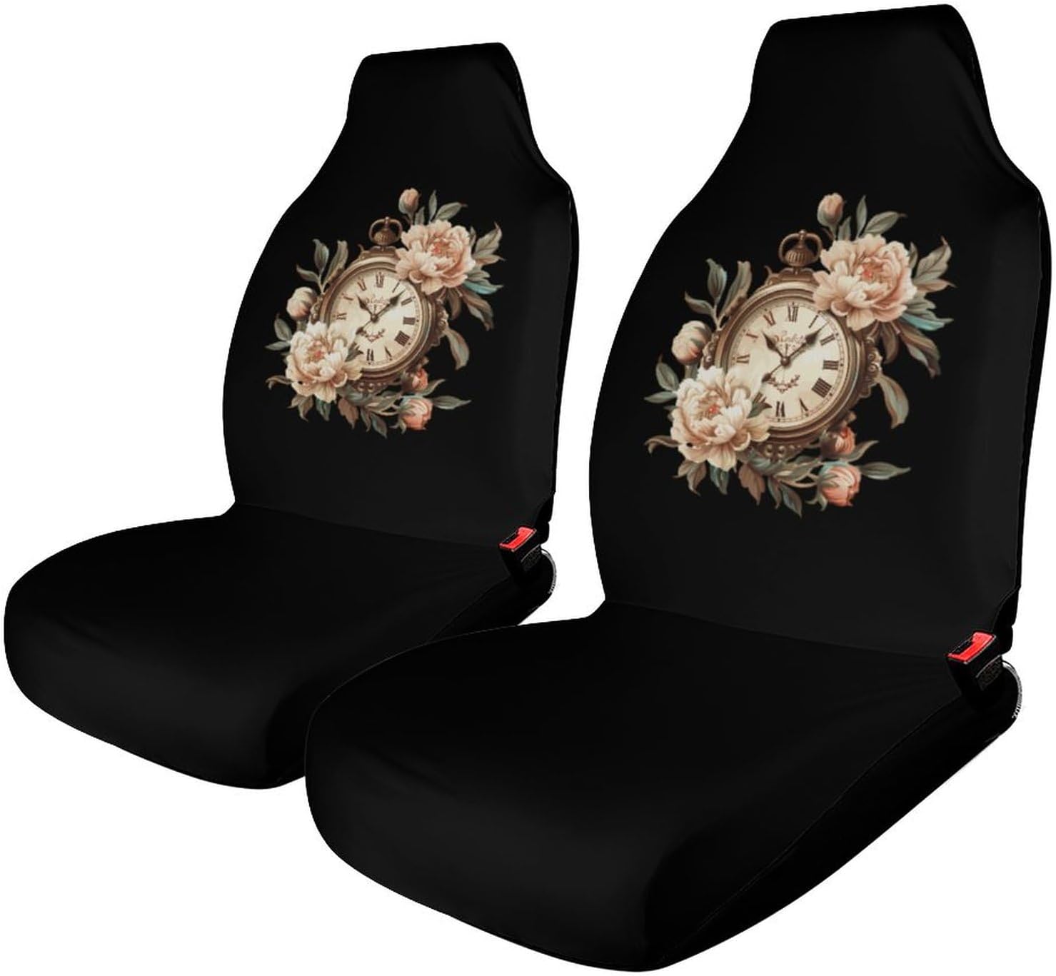 Aesthetic Clock Peony Flowers Car Seat Covers Automotive Seat Covers Car Seat Protector Auto Front Seats Protector for Most Cars 2PCS