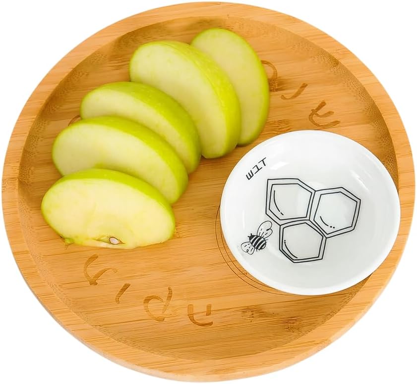 Handmade Rosh Hashanah Apple and Honey Plate and Dish, Bamboo Wood Apple Plate with Ceramic Honey Dipper and Server Tray by Mickala Design (Colorful Ceramic Bowl)
