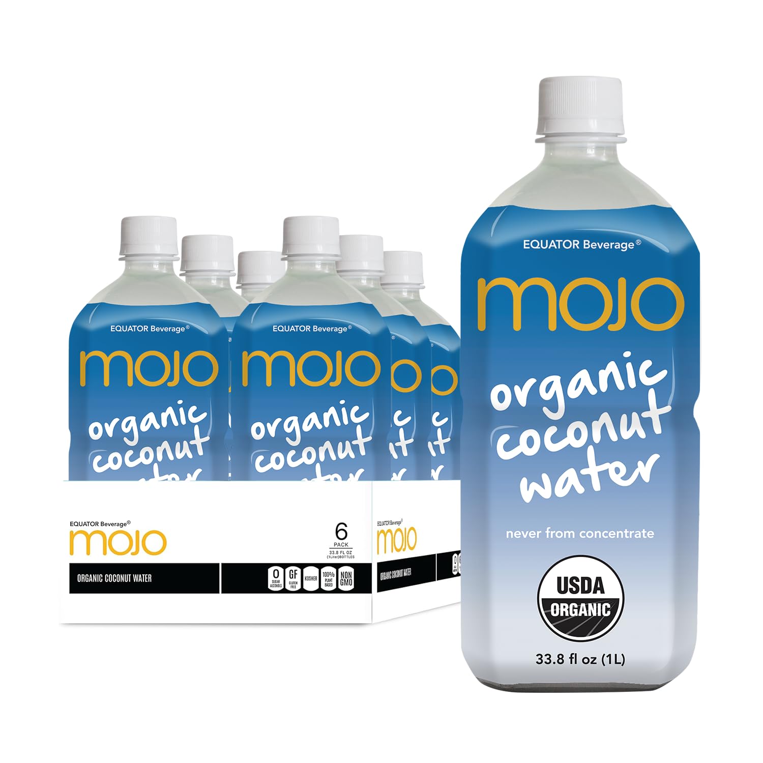MOJO Organic Coconut Water | Hydration Drink & Sports Drink | Electrolytes Beverage 1043 mg | Vitamin B & C | Hydration Drink for Skin & Body | 33.8 Oz (Pack Of 6)