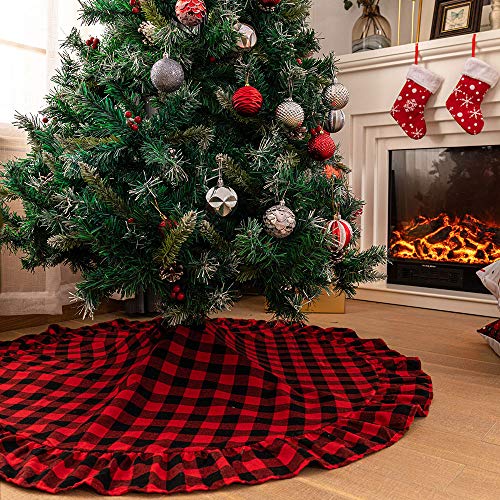 LAVENSA Home Red and Black Christmas Tree Plaid Skirt Large Checkered Christmas Tree Skirts Decorations for Xmas New Year Home Party Ornaments Christmas Tree Skirts (Red and Black, 48inches/122cm)