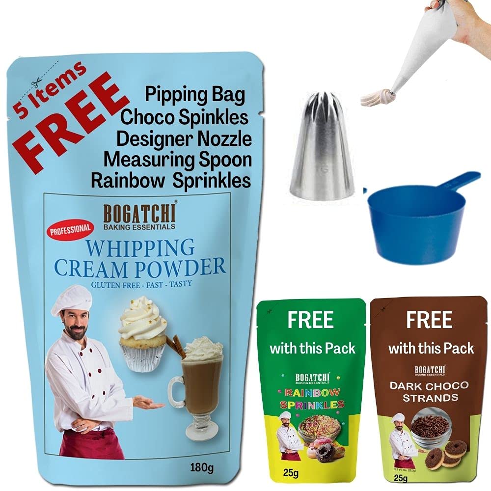 BOGATCHI Whipping Cream Powder for Cake Decoration, 180g- Free Choco Sprinkles and Rainbow Sprinkles, Nozzle and Piping Bag with Spoon (B08LVM96FV) Amazon Price History, Amazon Price Tracker