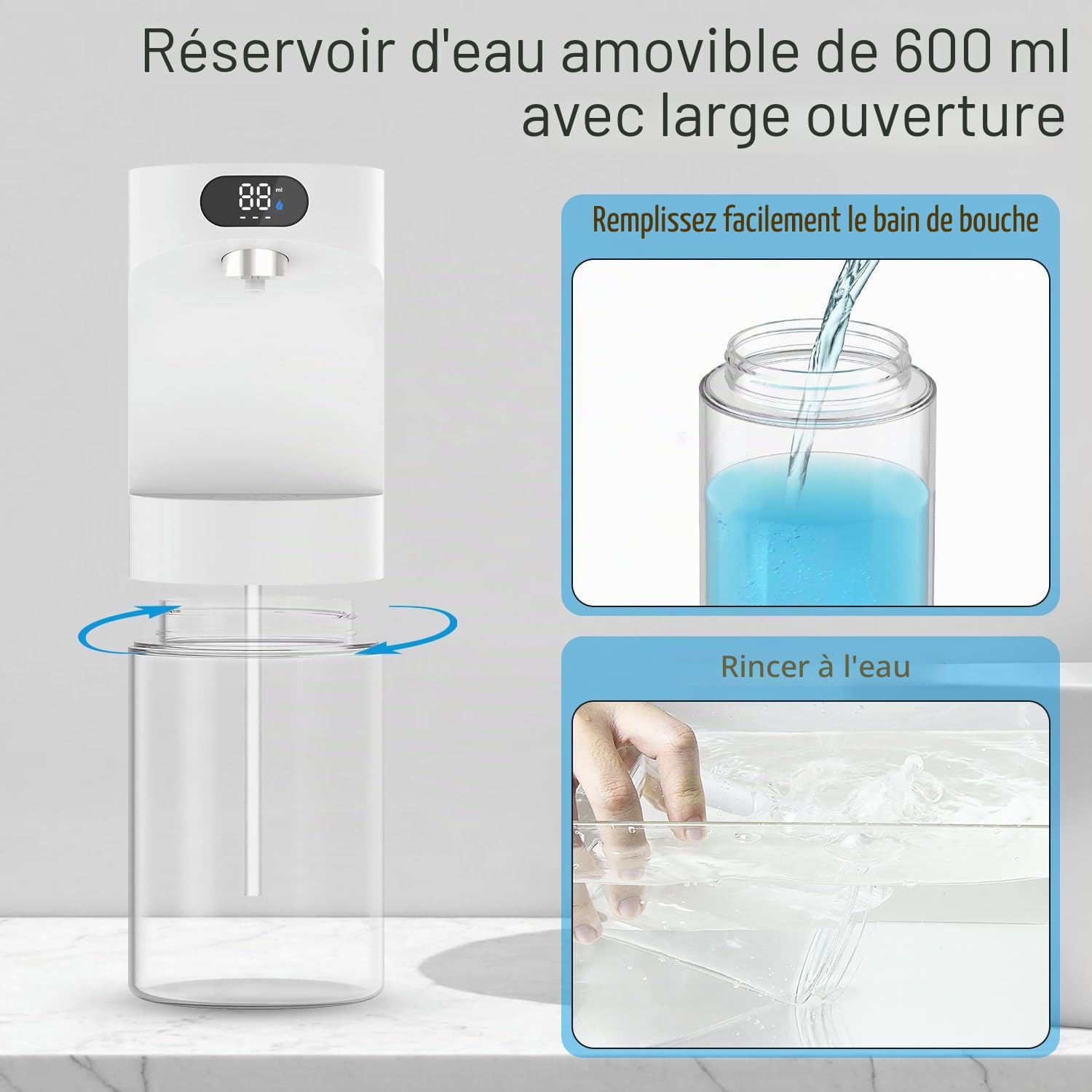 Dalugo Distributeur automatique de bain de bouche pour salle de bain, 600 ml, fixation murale sans contact, avec 2 gobelets magnétiques, distributeur de mouthwash blanc pour enfants et adultes