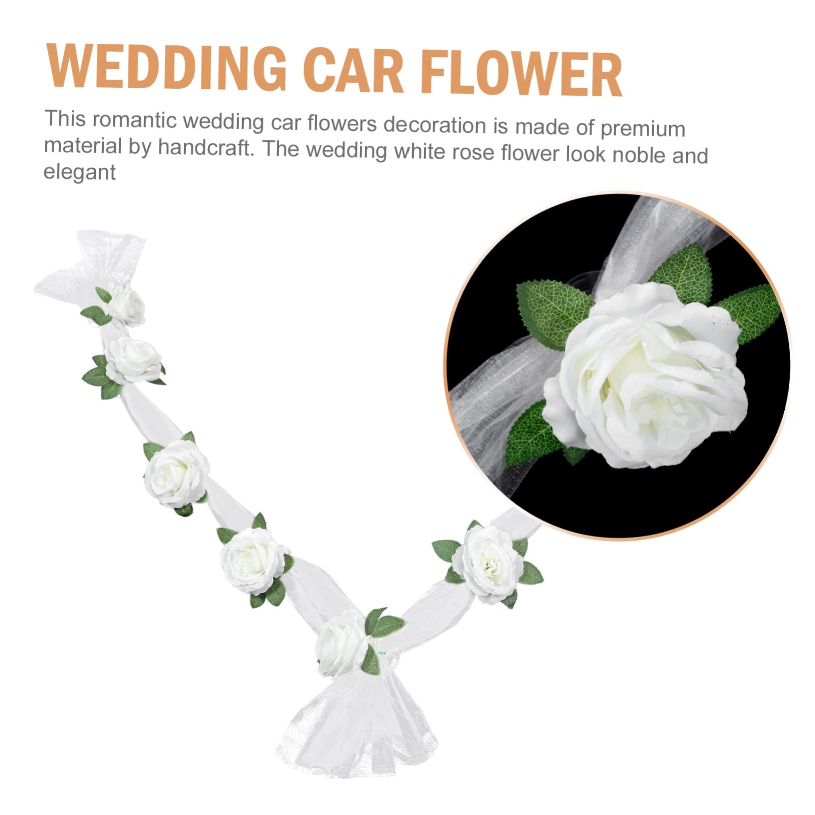 Amosfun 3 Ensembles Ceinture de Voiture de Mariage Titulaire marié artificiels Wedding Decorations Decoration Fete Artificiel décor de Fleurs de Mariage Fausse Rose Blanche Ruban