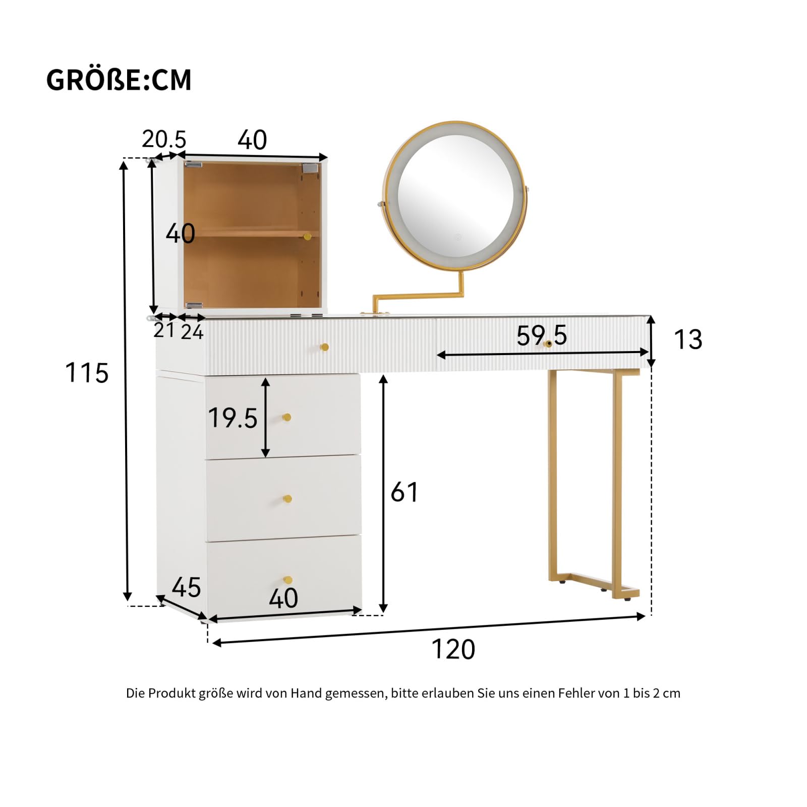 Set da toeletta con specchio e illuminazione LED, tavolo da trucco grande con cassetti e piano in vetro trasparente, mobile da trucco moderno bianco, montaggio flessibile