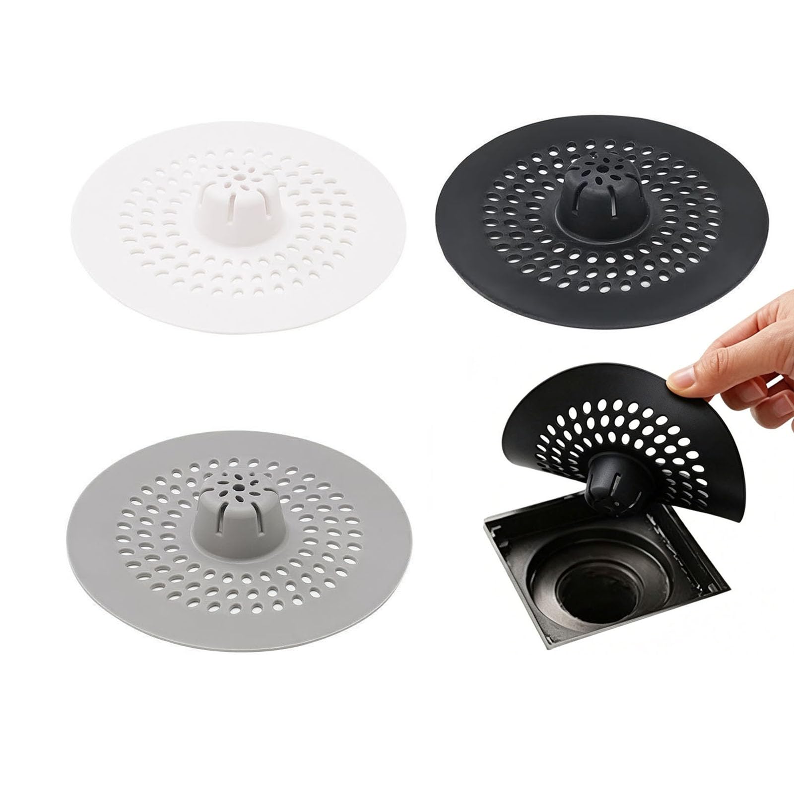 Shower Drain Hair Catcher & Sink Strainer Set of 3 Black Grey White 13.5cm