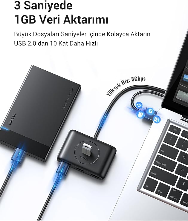 Ugreen USB 3.0 4 Portlu Hub Çoklayıcı Siyah 50 CM