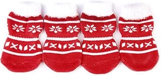 TEHAUX Pet Dog Costumes-4pcs Christmas Style Dog Puppy Cat Non-Slip Socks with Paw Prints - Size L (Red)