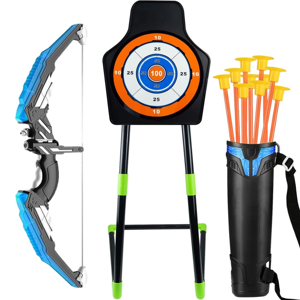 Erweicet 1 Piece Blue LED Light Up Bow and Arrow Set with 10 Suction Cup Arrows, 1 Standing Target and 1 Quiver for Boys Girls Ages 4-12