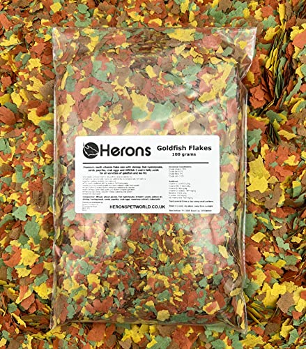 HERONS Goldfish Flakes - Premium Multi-vitamin Flake Fish Food for all Goldfish No Generic Fish Meal With Omega-3 and 6 and Wide Variety of Amino Acids High Vitamin C - 100 Grams